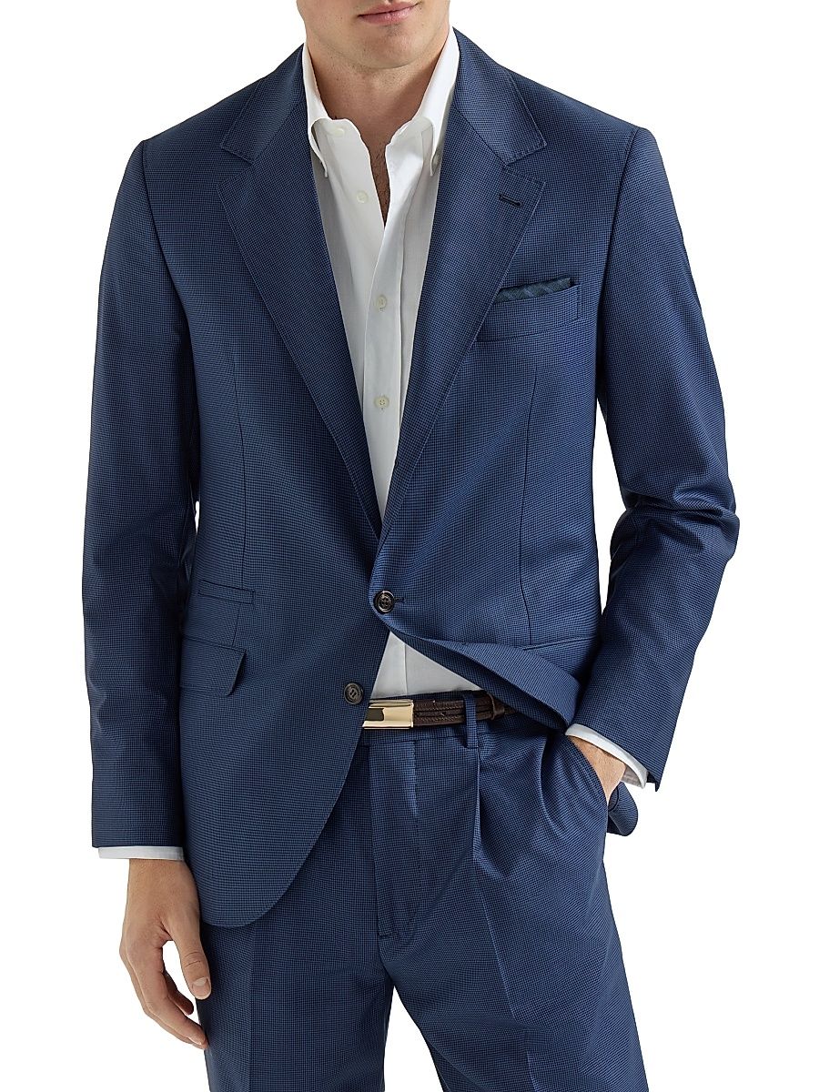 Men's Super 150s Virgin Wool Houndstooth Blazer - Navy Blue - Size 48