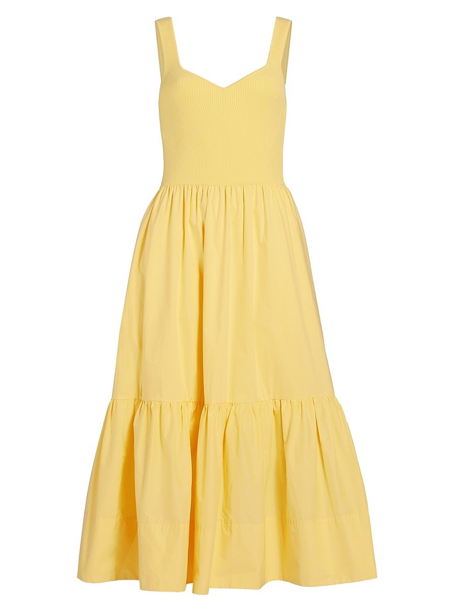 Women's Josephina Mixed Media Tiered Midi-Dress - Lemon Meringue - Size Large