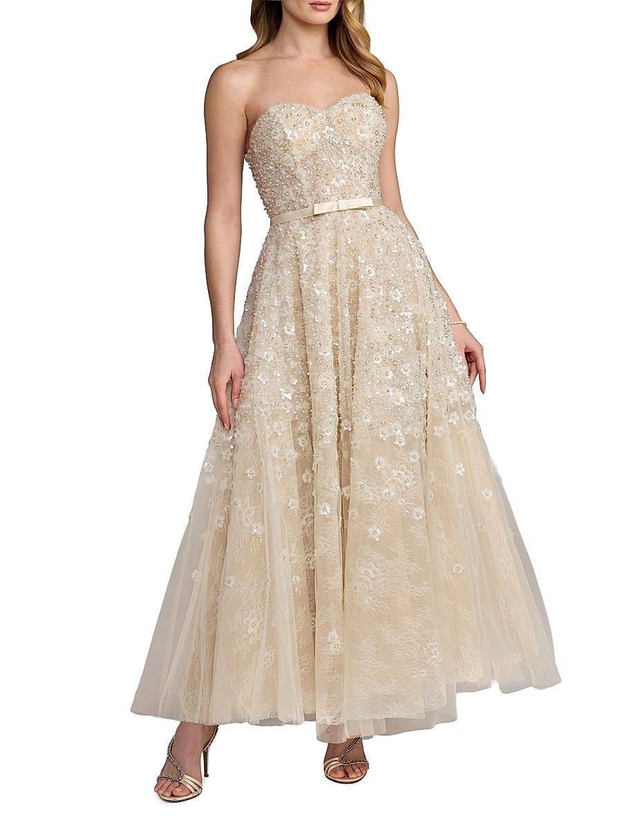 Women's Sequin Floral Strapless Gown - Oyster - Size 12