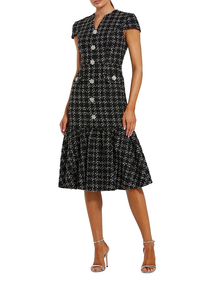 Women's Boucle Tweed Midi-Dress - Black Silver - Size 16
