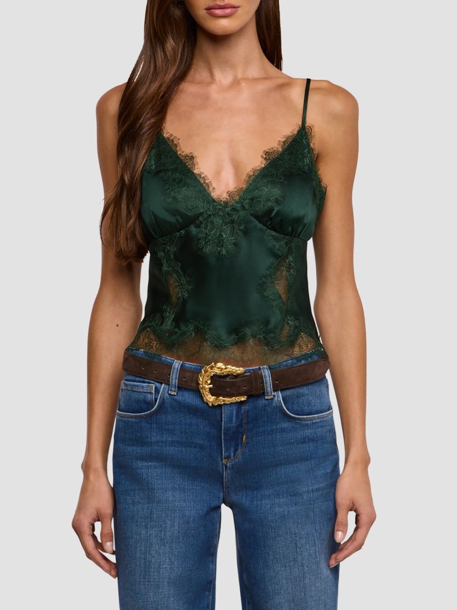 L'AGENCE Women's Kimber Lace-Trim Silk Cami - Forest Green - Size XL