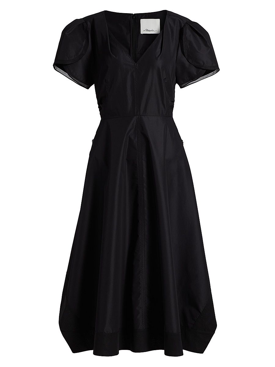 Women's Soft Tulip Sleeve V-Neck Midi-Dress - Black - Size 12