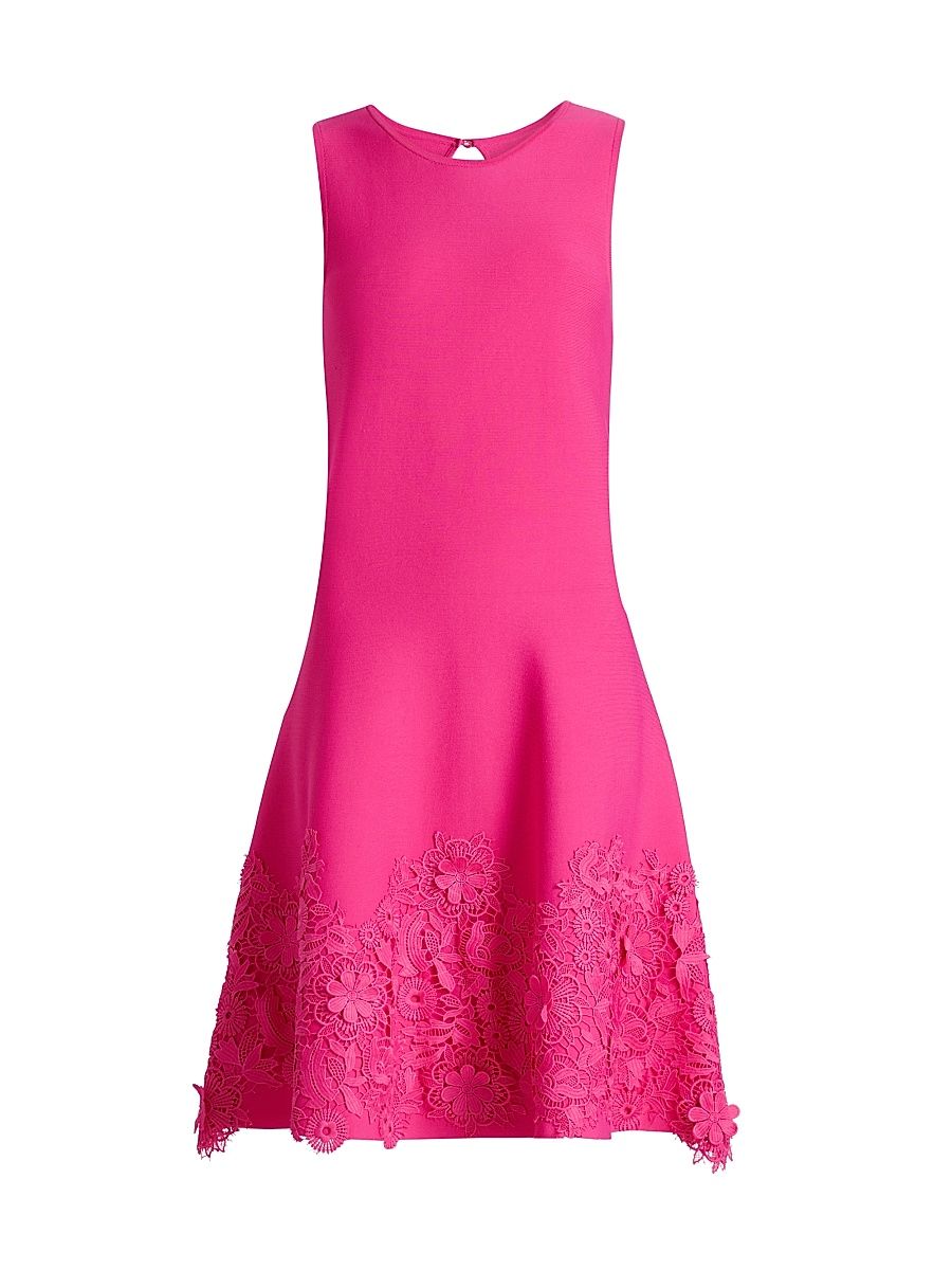 Teri Jon by Rickie Freeman Women's Lace Trim Fit-&-Flare Cocktail Dress - Hot Pink - Size Medium