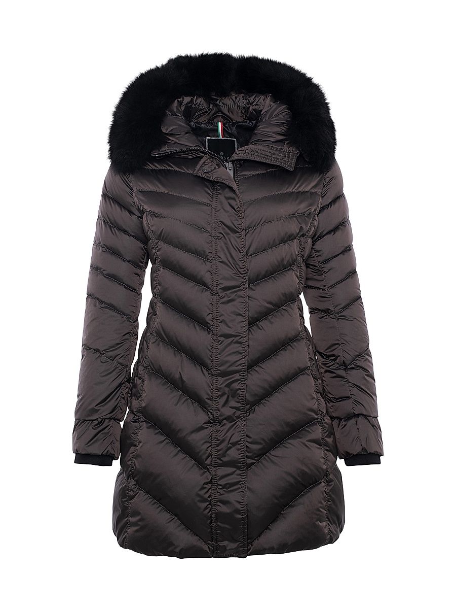 Women's Apres Ski Jacket with Detachable Toscana Shearling Lamb Hood Trim - Brown Black - Size Medium