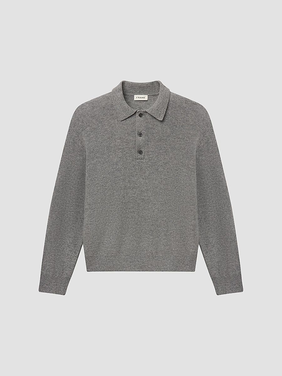 Men's Boiled Wool Polo Sweater - Grey Melange - Size XL