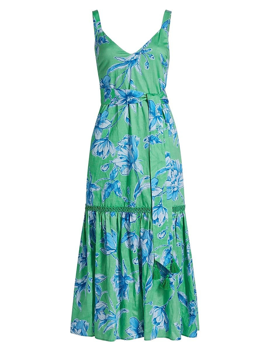 Women's Corinne Floral Cotton Tie-Waist Midi Dress - Floral Stage Multi - Size Large