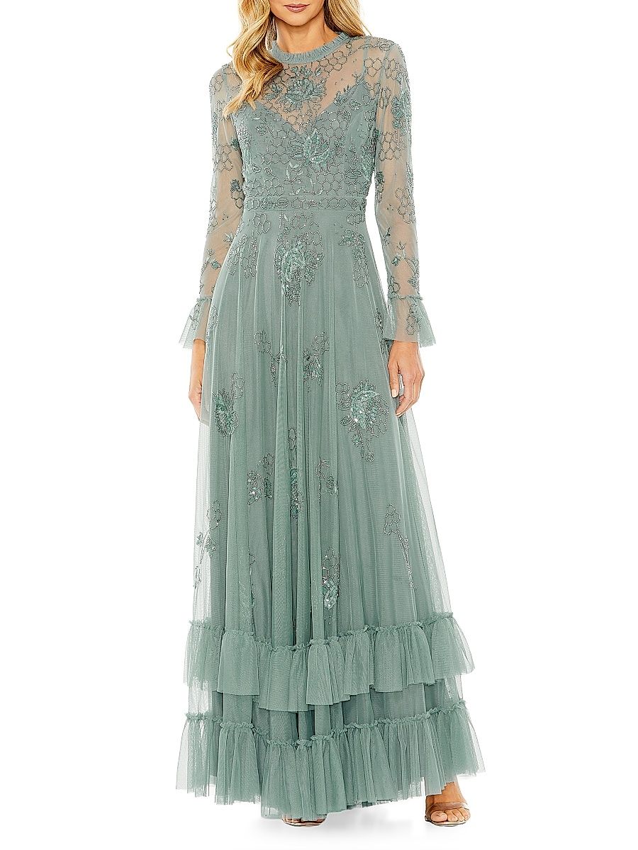 Women's Petite Honeycomb Embroidered Mesh Gown - Spruce - Size 16