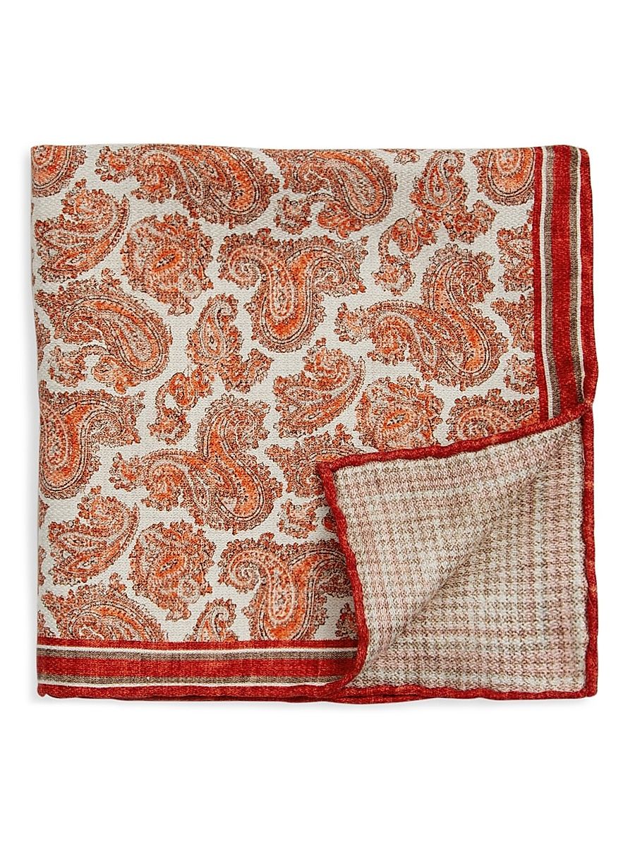 Men's Silk Paisley Pocket Square - Orange Brown