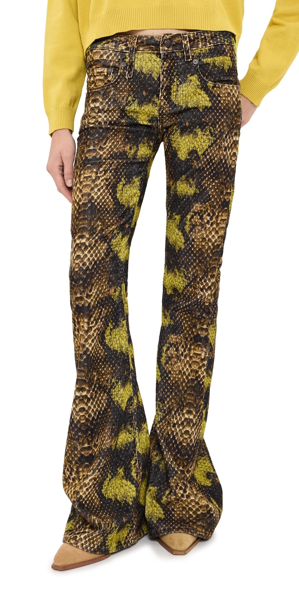 R13 Overflow Boy Corduroy Flare Pants Brown Green Snake Stretch 25
