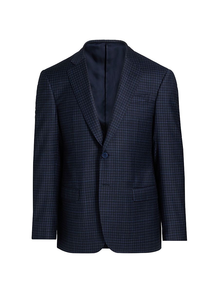 Men's Box Plaid Stretch Wool Sport Coat - Navy - Size 46
