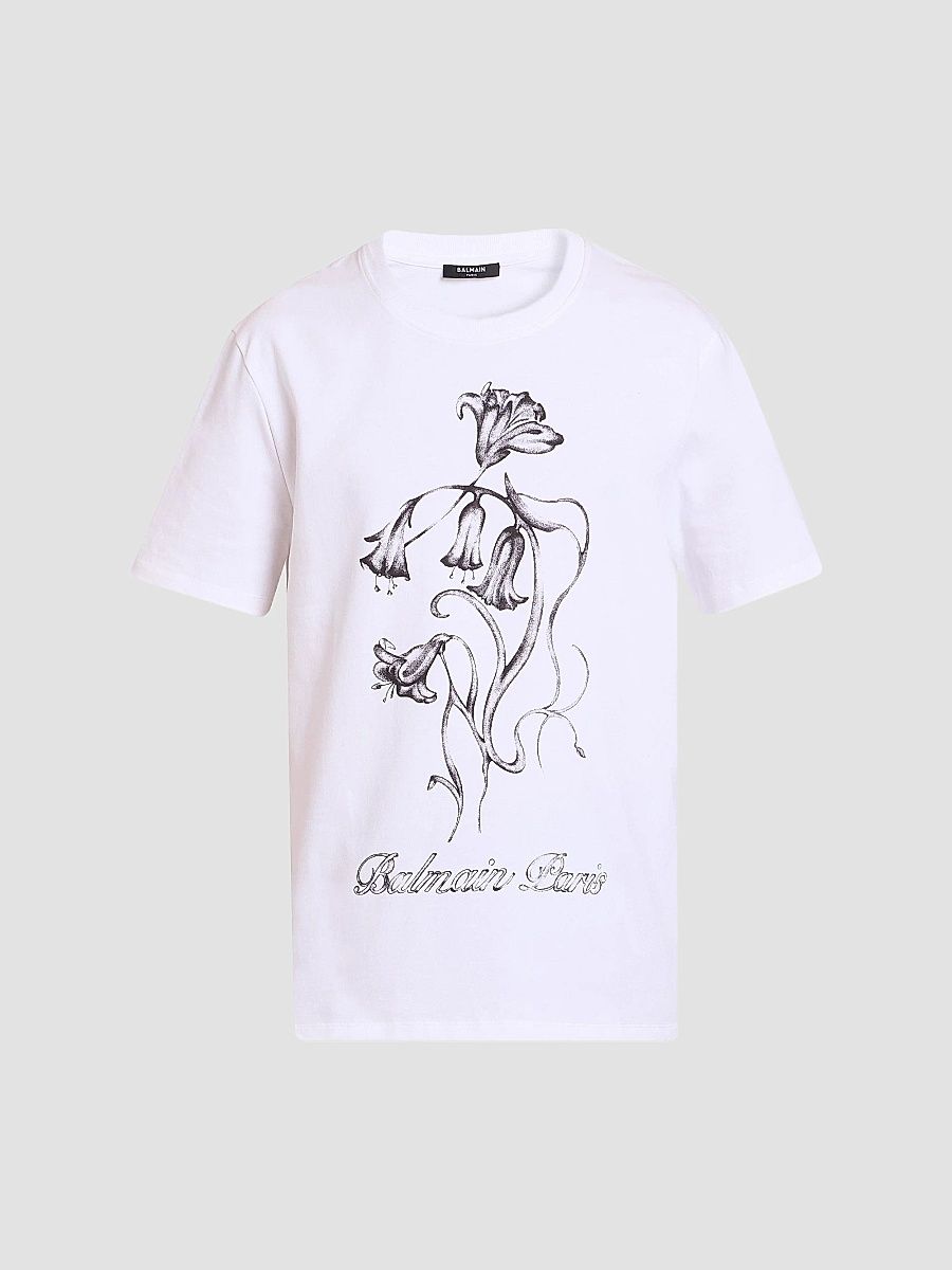 Balmain Men's Floral Cotton Crewneck T-Shirt - Blanc Noir - Size XL