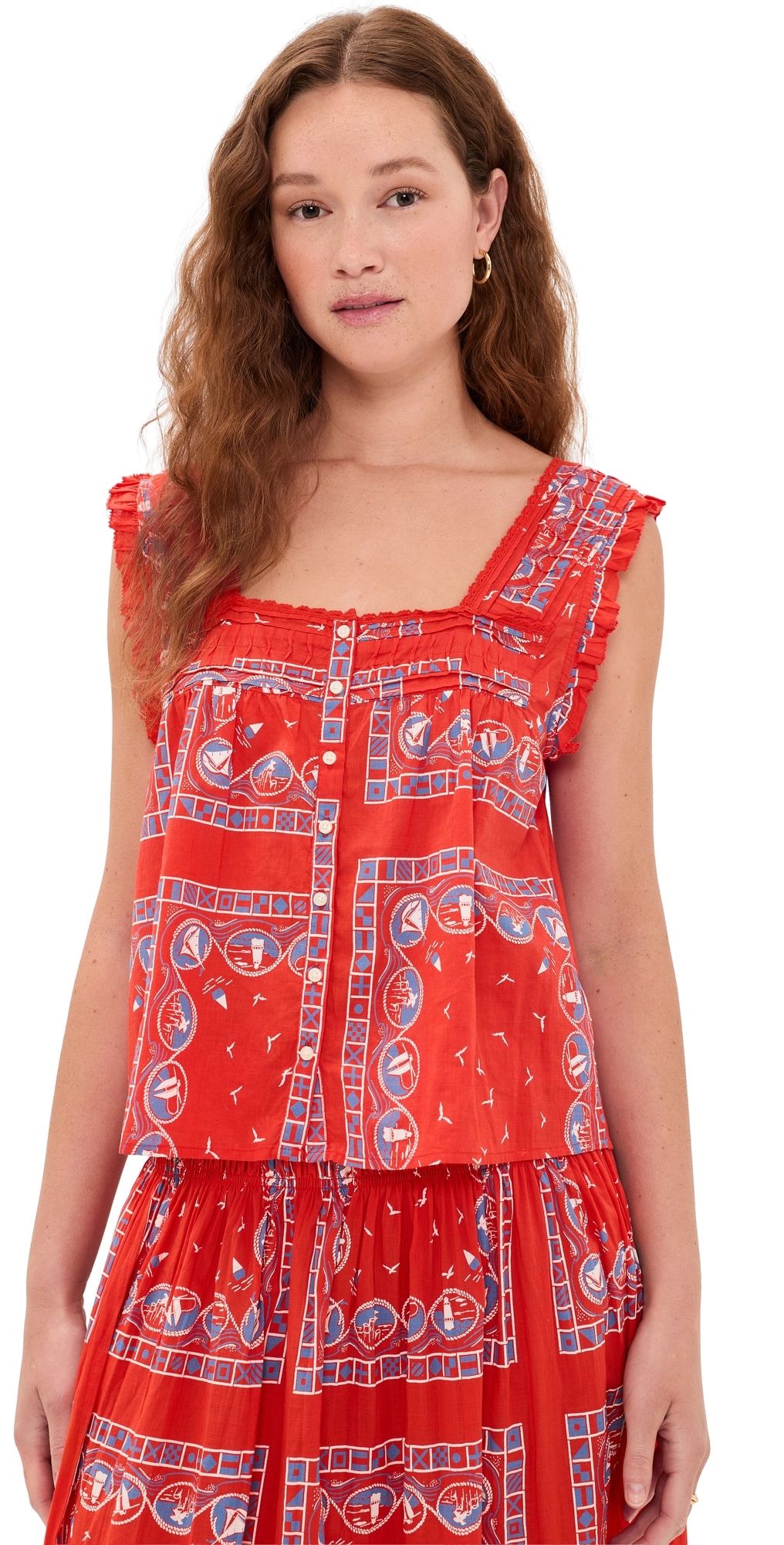 THE GREAT. The Victorian Pleat Tank Top Red Sailboat Bandana 1