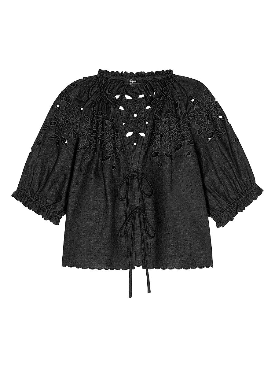 Women's Lizabeth Embroidered Linen Blouse - Black - Size XL