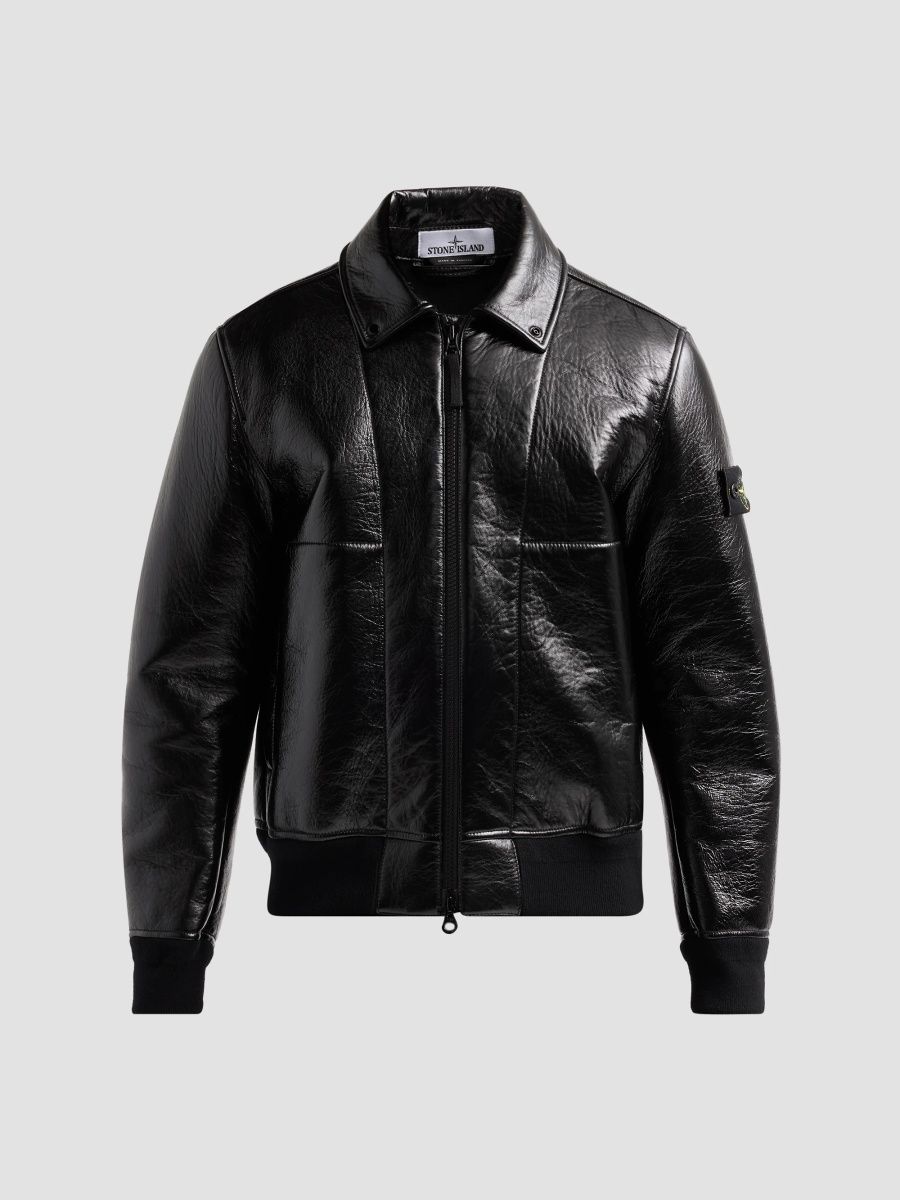 Stone Island Men's Leather Bomber Jacket - Black - Size XXL