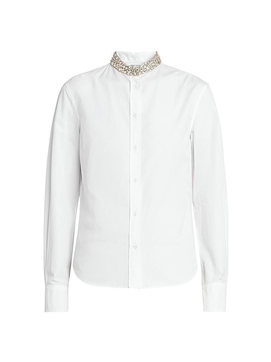 Women's Beaded Collar Cotton Poplin Shirt - Optical White - Size 12