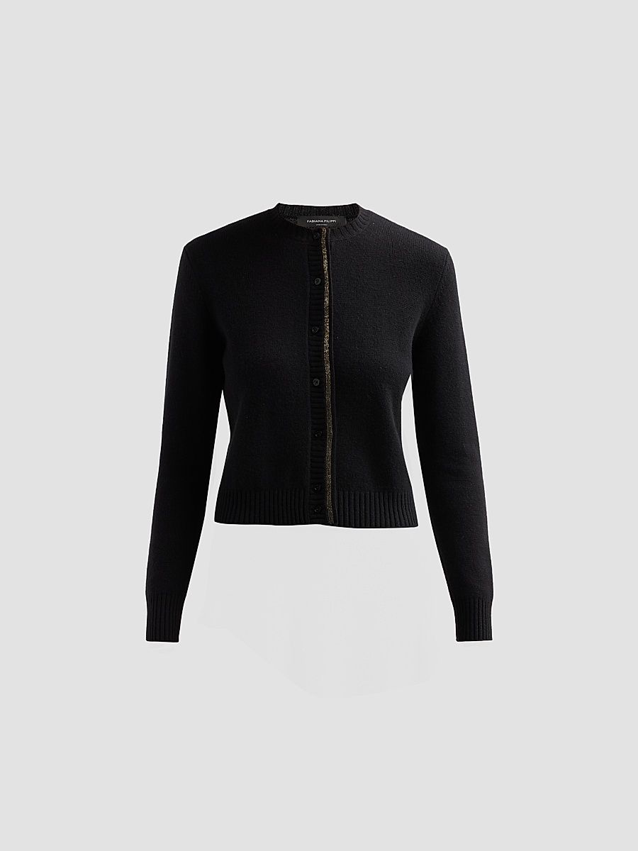 Women's Platinum Filo Diamanté Wool-Silk-Cashmere Cardigan - Nero - Size 4