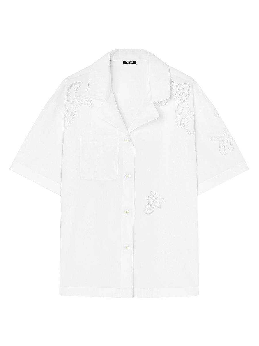 Women's Baroque À Jour Cotton Camp Shirt - Optic White - Size 10