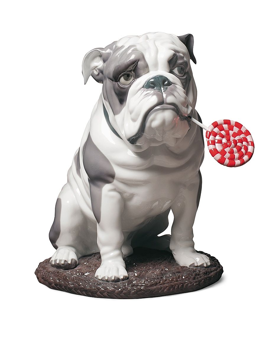 Porcelain Bulldog with Lollipop Dog Figurine