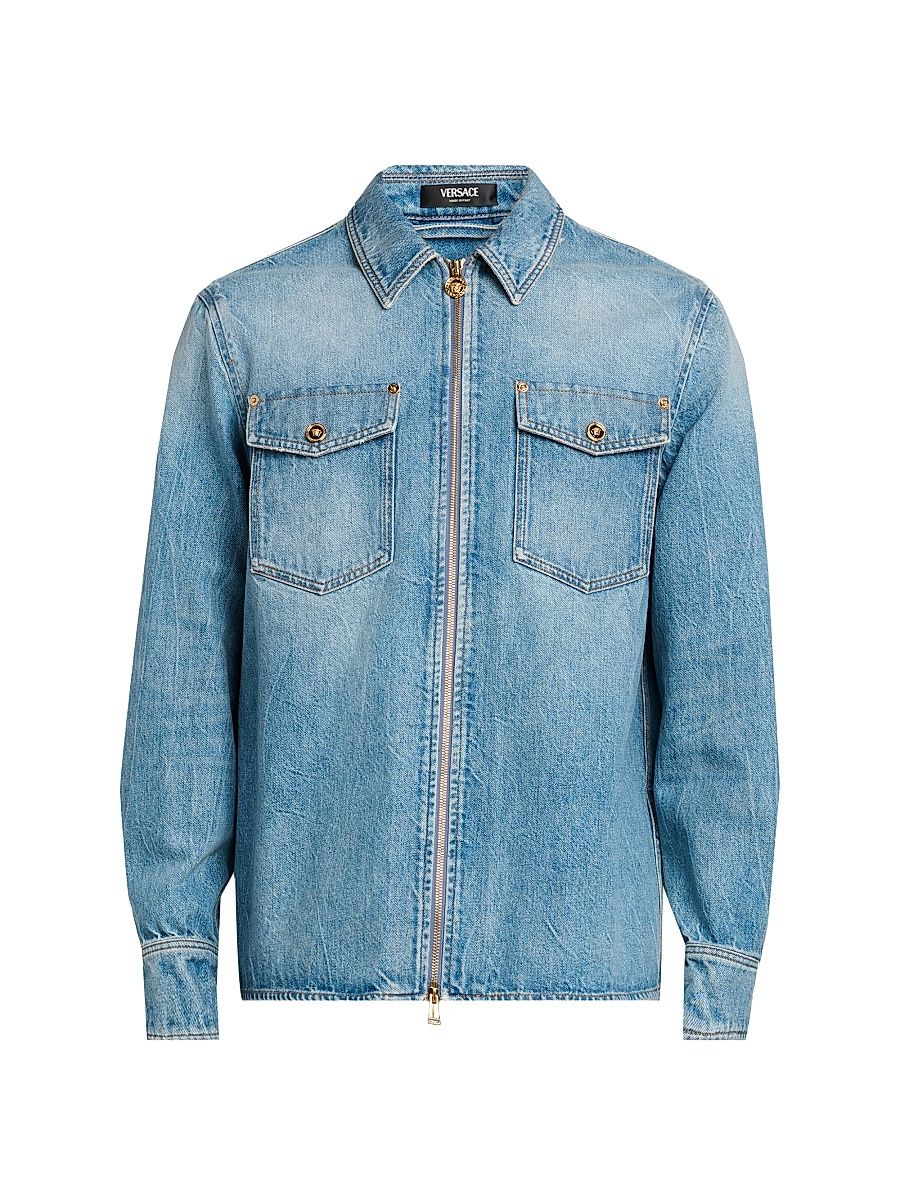 Men's Stone-Washed Denim Shirt - Light Blue - Size 44
