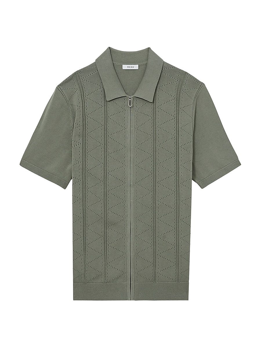 Men's Tay Pointelle-Knit Cotton Front-Zip Top - Green - Size Large