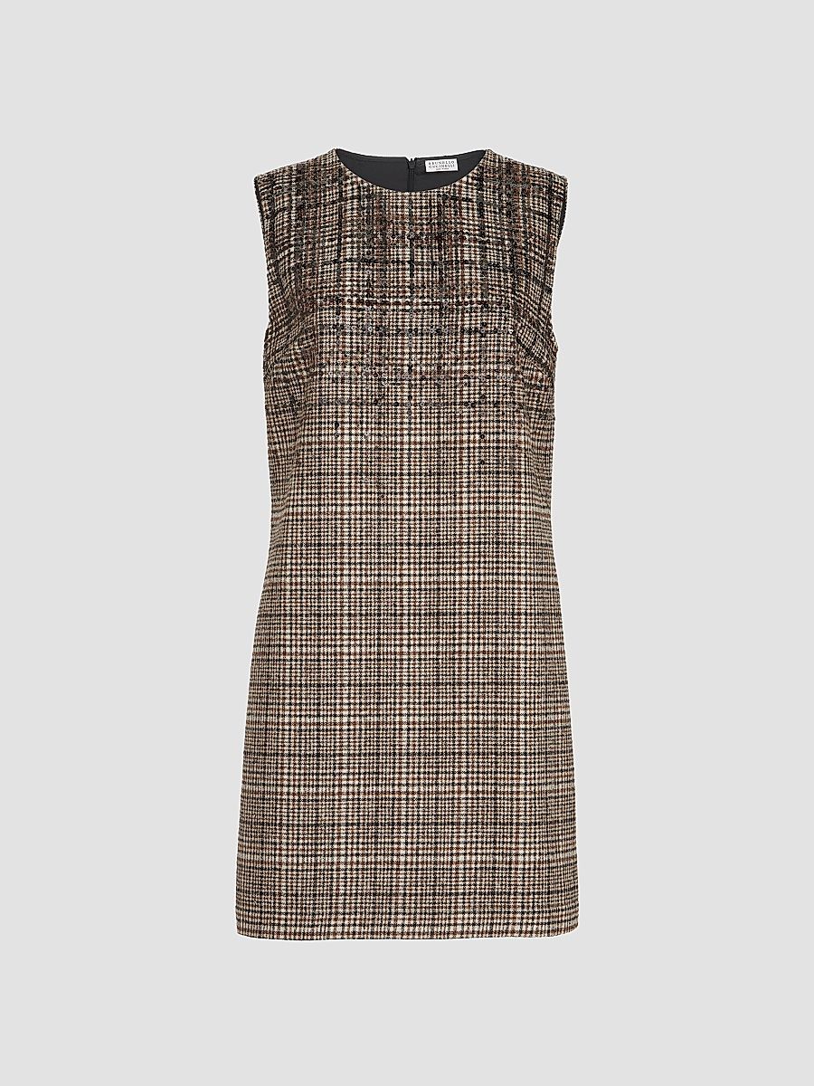 Women's Checked Alpaca and Wool Mini Dress - Brown - Size Medium