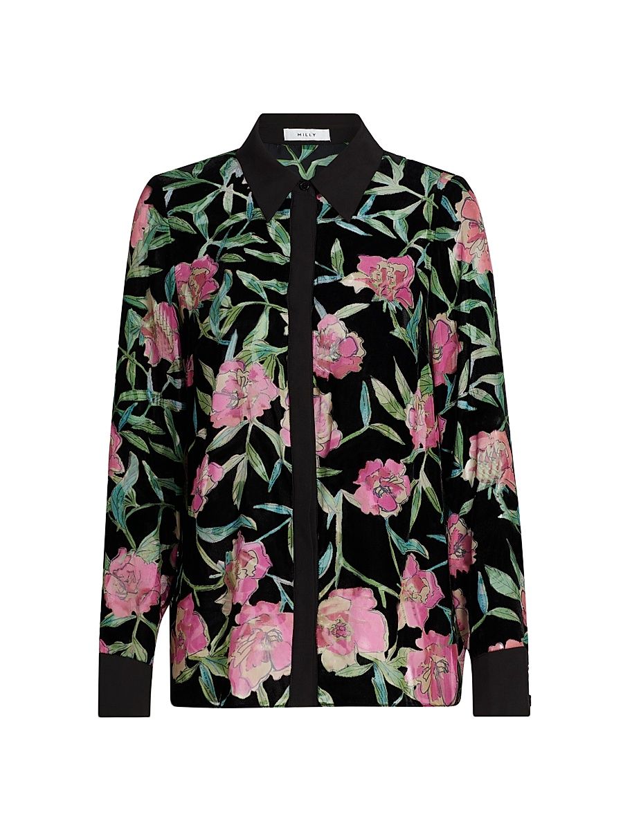 Women's Floral Burnout Velvet Top - Black Pink - Size XS