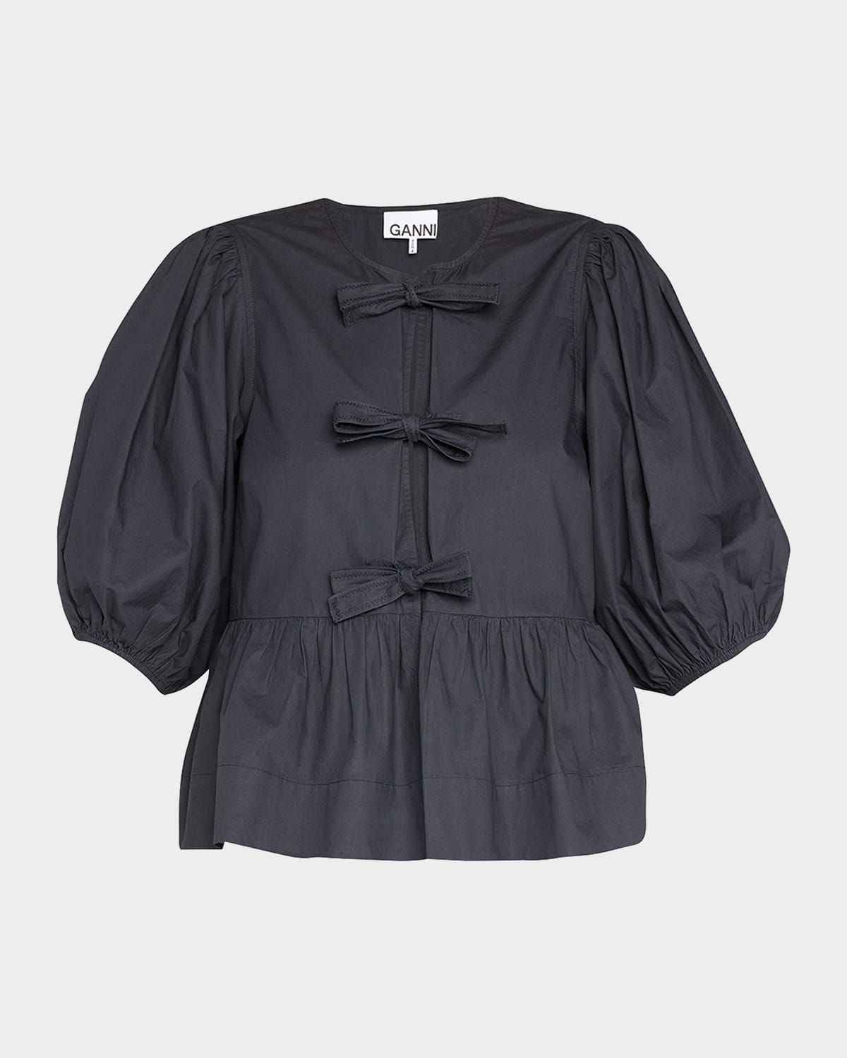 Poplin Front-Tie Peplum Blouse with Puffed-Sleeves