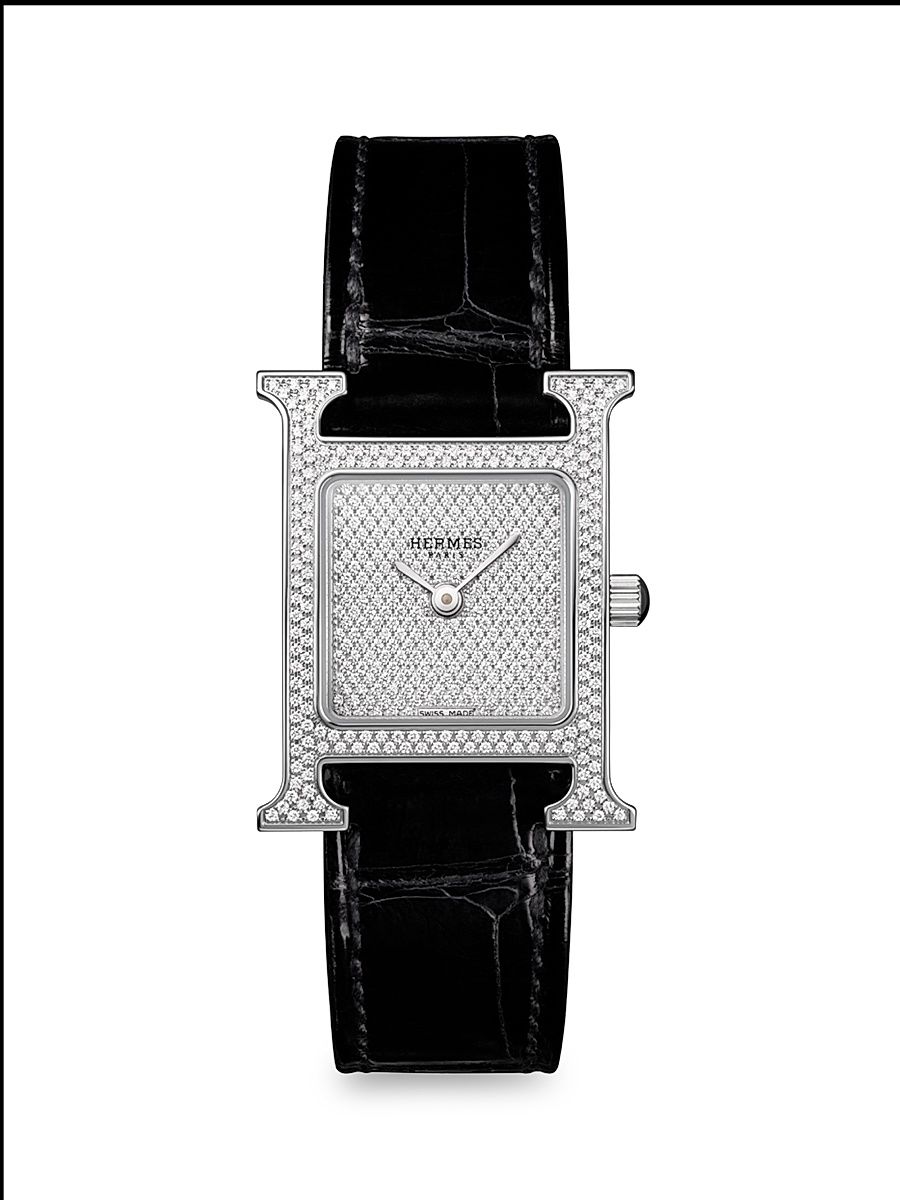 Women's Heure H 25MM Stainless Steel, Diamond & Alligator Strap Watch - Black