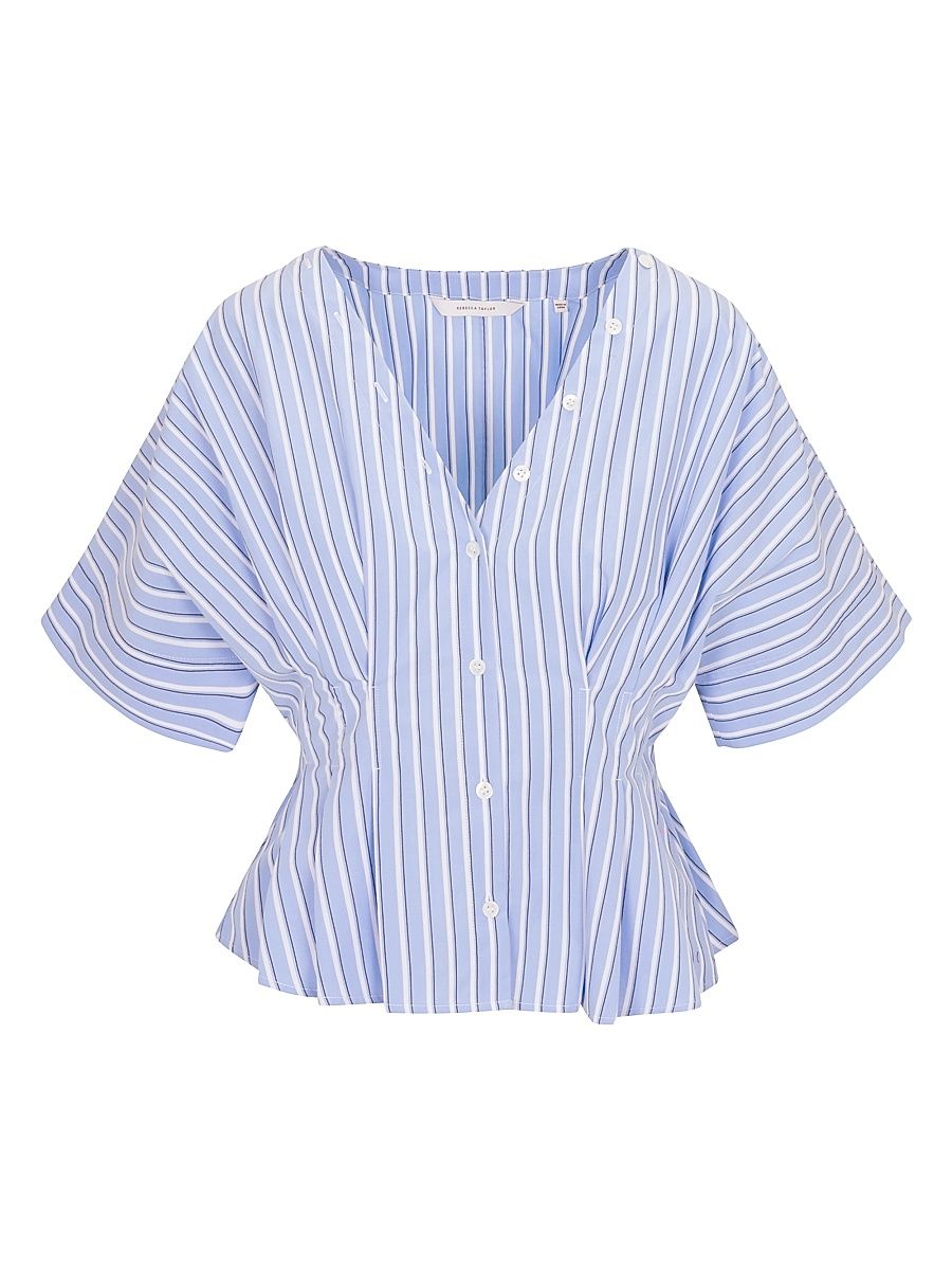 Women's Priya Striped Poplin V-Neck Blouse - Blue Stripe - Size XL
