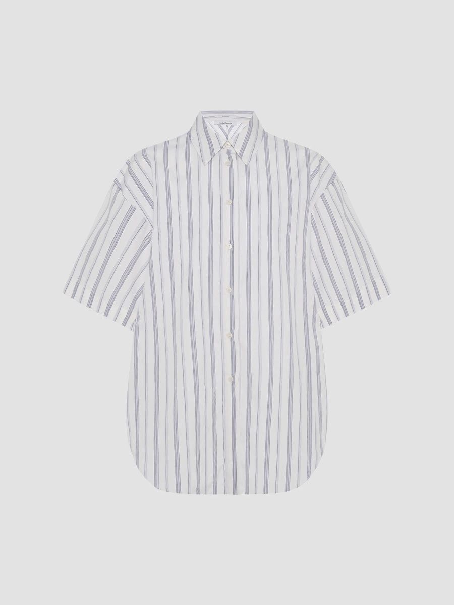 Another Tomorrow Women's Short Sleeve Shirt - White Navy Stripe - Size Large