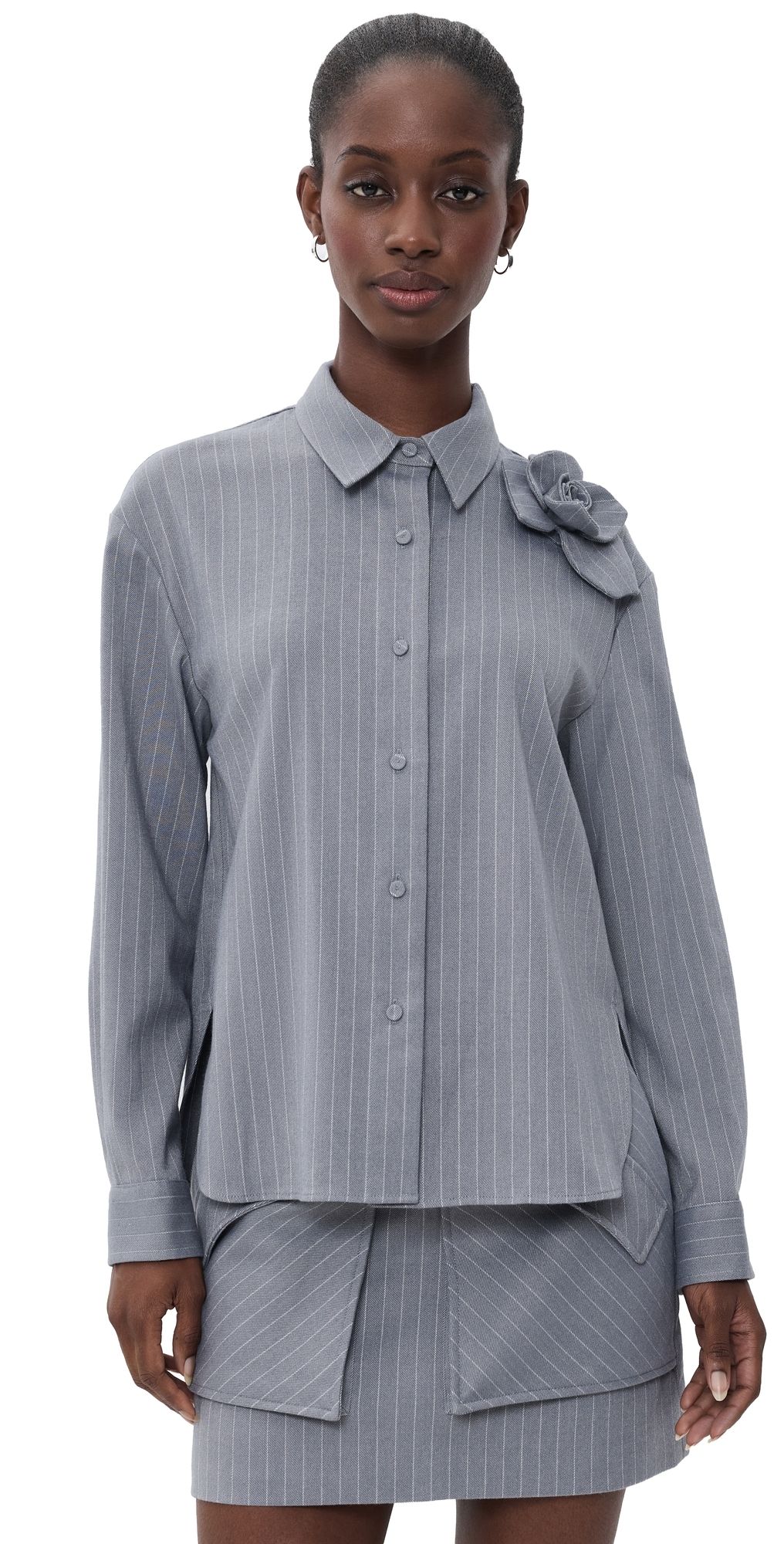 AKNVAS Flor Pinstripe Button Down Shirt Grey/White L