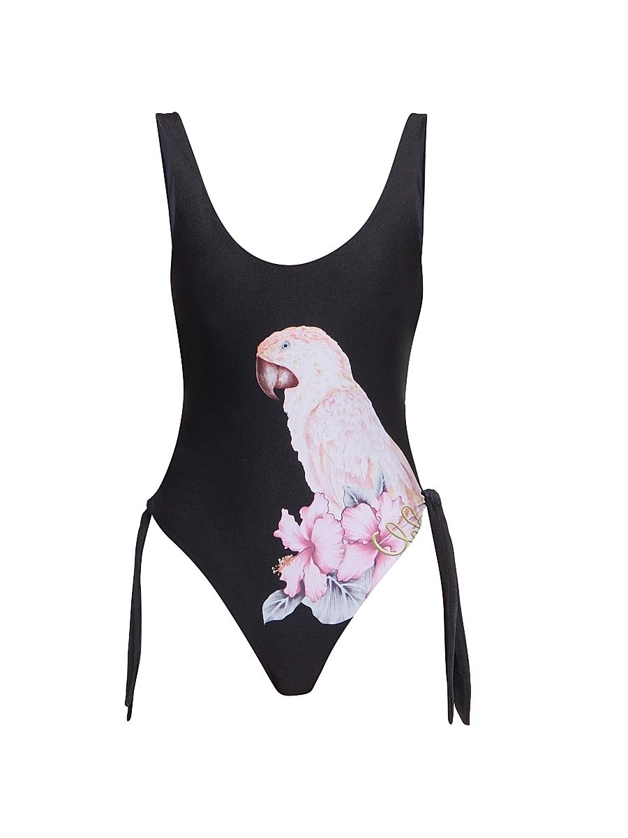 Women's À La Plage Floral Parrot Tie One-Piece Swimsuit - Multicolor Black - Size 12