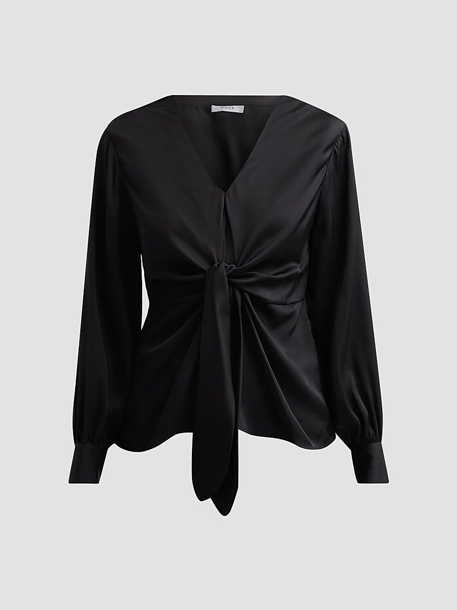 Women's Noa Stretch-Silk Tie V-Neck Top - Black - Size XS