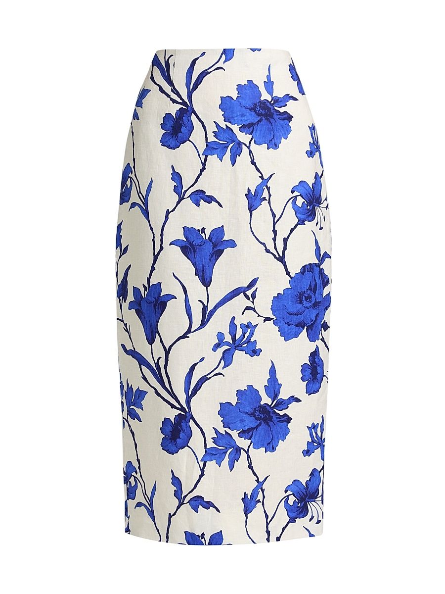 Women's Sienna Botanical Linen Pencil Skirt - Athena Cobalt - Size 14