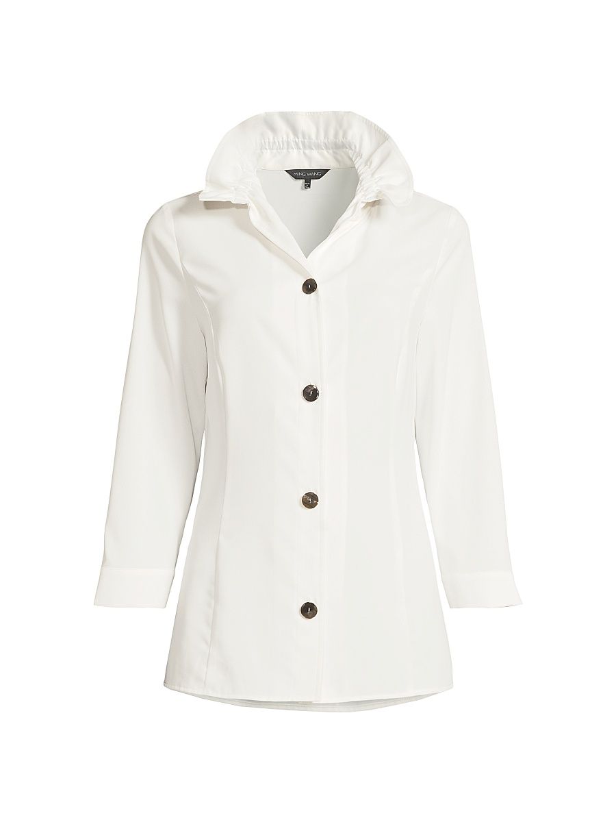 Women's Ruffle Neck Crepe Blouse - White - Size XL