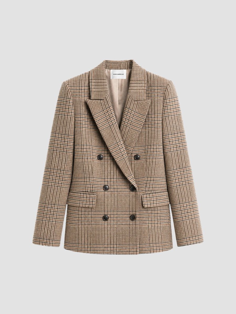 Good American Women's Houndstooth Double-Breasted Blazer - Brown Plaid - Size Large