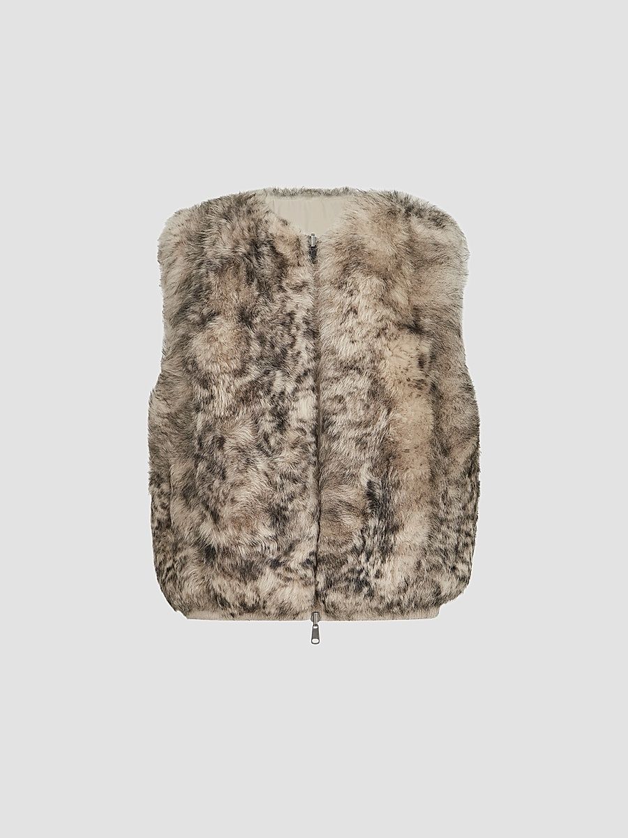 Women's Lynx-Effect Shearling Reversible Vest - Light Brown - Size 12