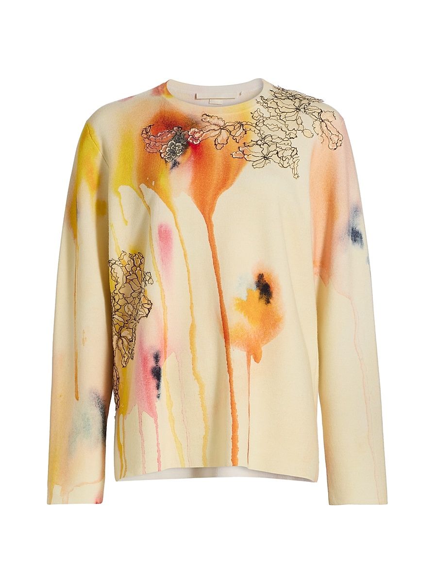 Women's Watercolor Floral Wool Sweater - Limoncello Multi - Size XL