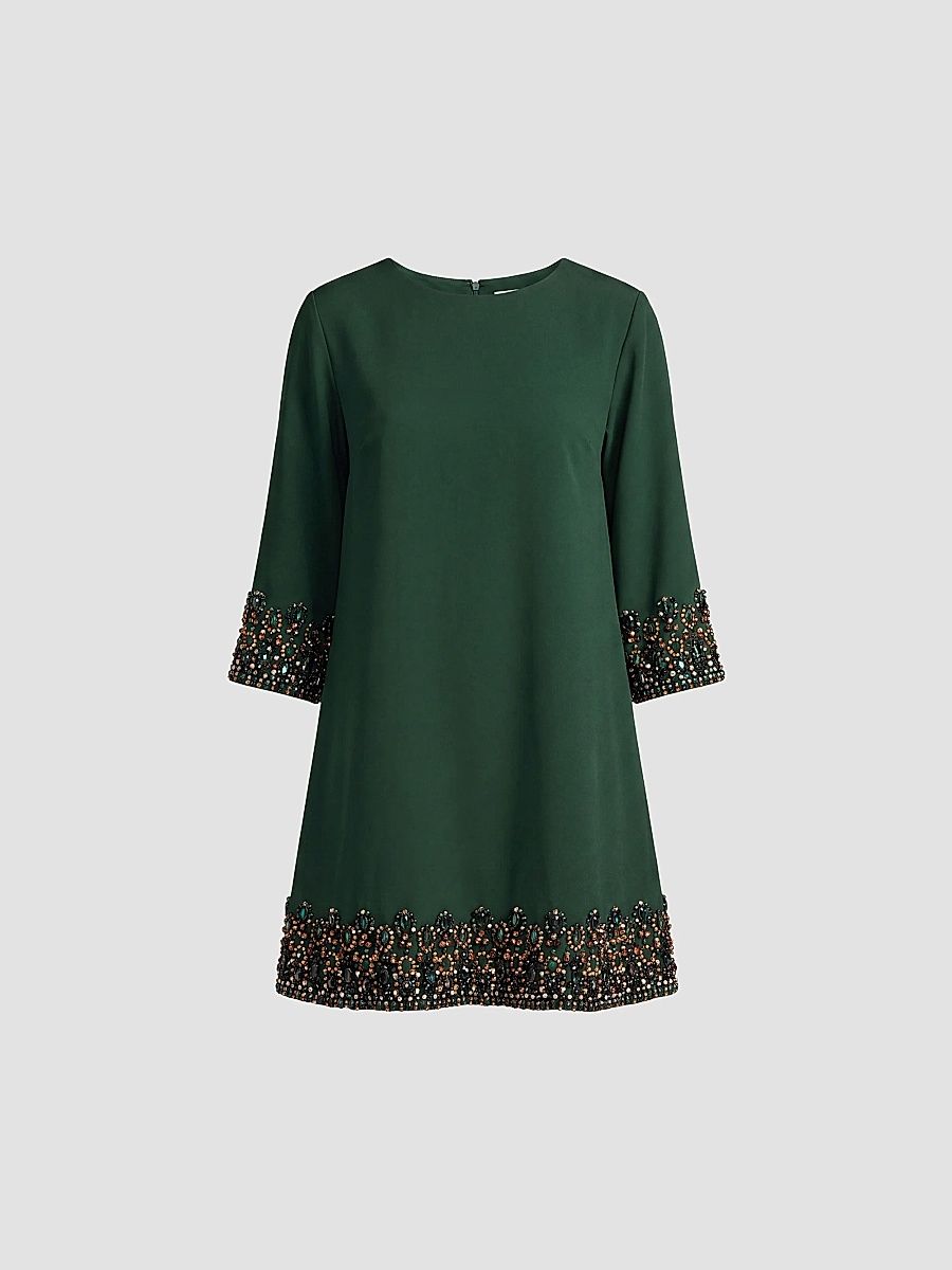Women's Crepe Beaded-Trim Mini Dress - Deep Green - Size Large