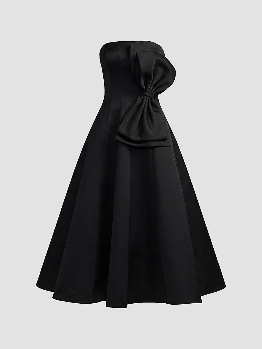Women's Satin Charmeuse Bow Strapless Midi Dress - Black - Size 2