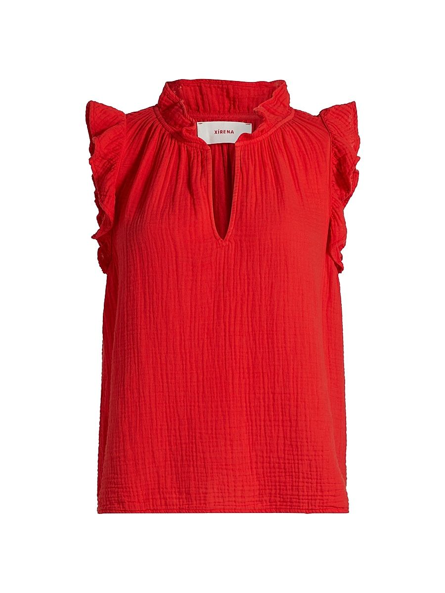 Women's Bex Cotton Ruffle V-Neck Top - Fire Cracker - Size Small