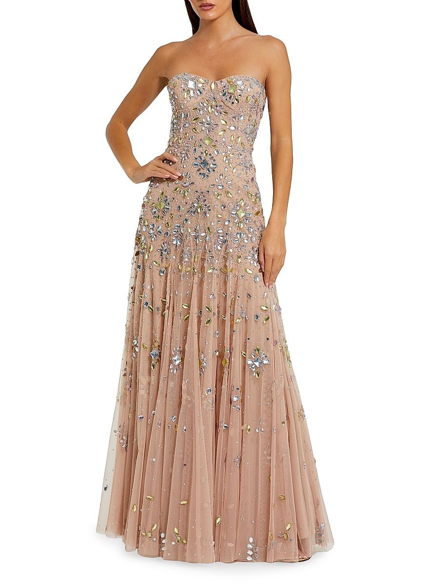 Women's Crystal-Embellished Mesh Strapless Gown - Light Rose - Size 12