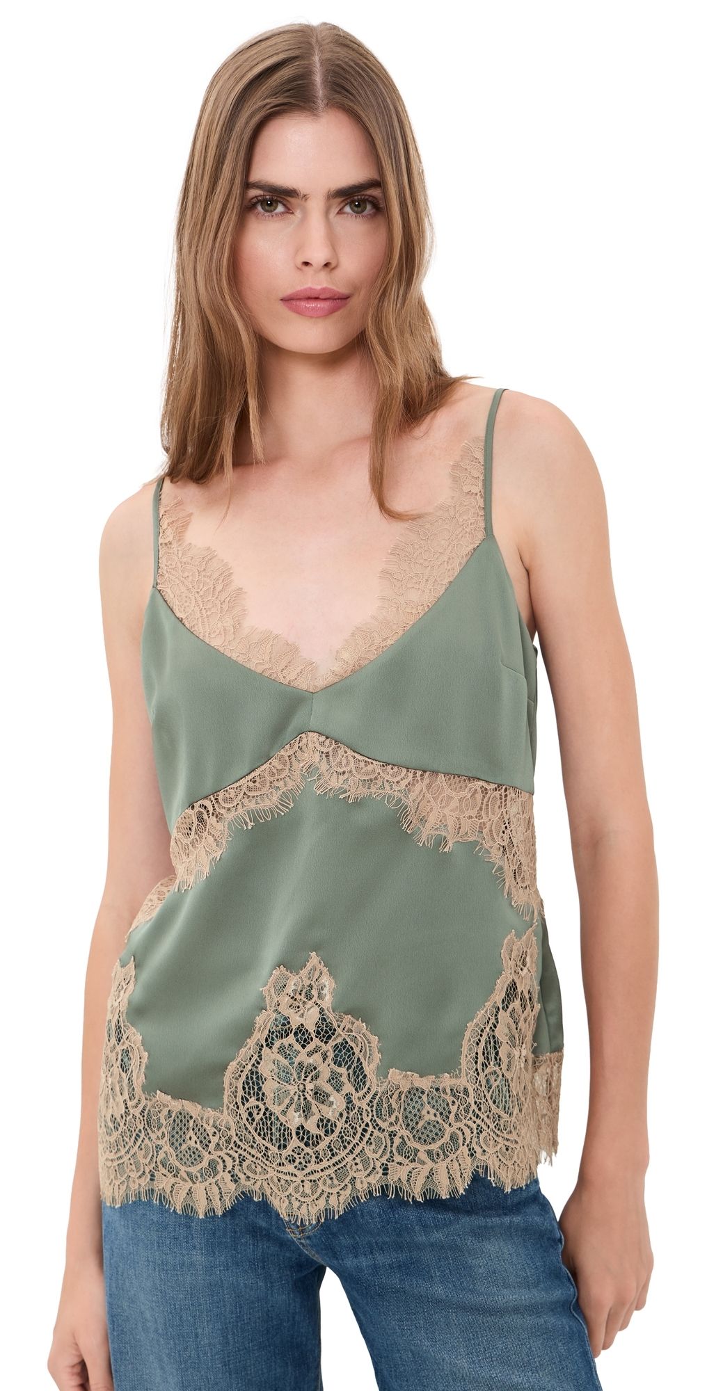 L'AGENCE Mitsu Lace Trim Cami Smokey Olive/Praline XXL