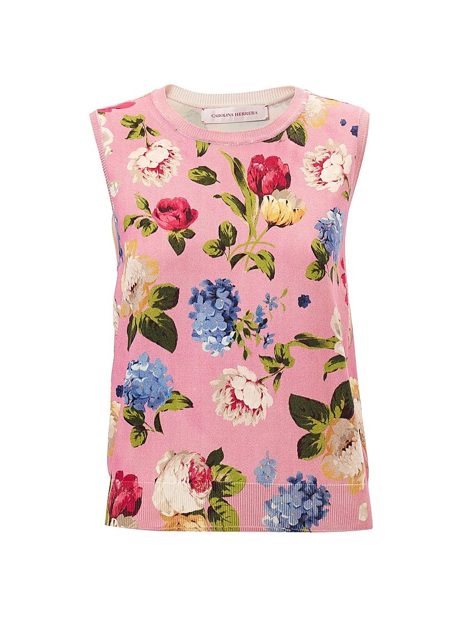 Women's Cabana Floral Crewneck Silk-Cotton Sleeveless Tank - Rosewater Multi - Size XL