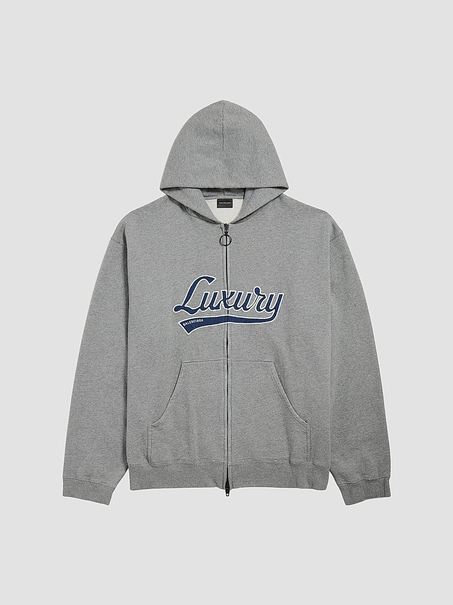 Balenciaga Men's Luxury Script Oversized Zip-Up Hoodie - Dark Heather Grey Blue - Size XL