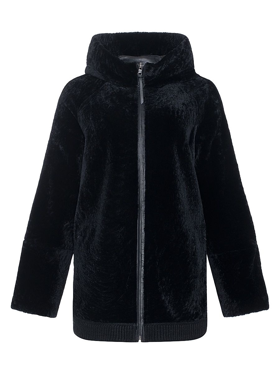 Gorski Women's Reversible Textured Shearling Lamb Zip Parka with Ribbed Hem - Black - Size XL