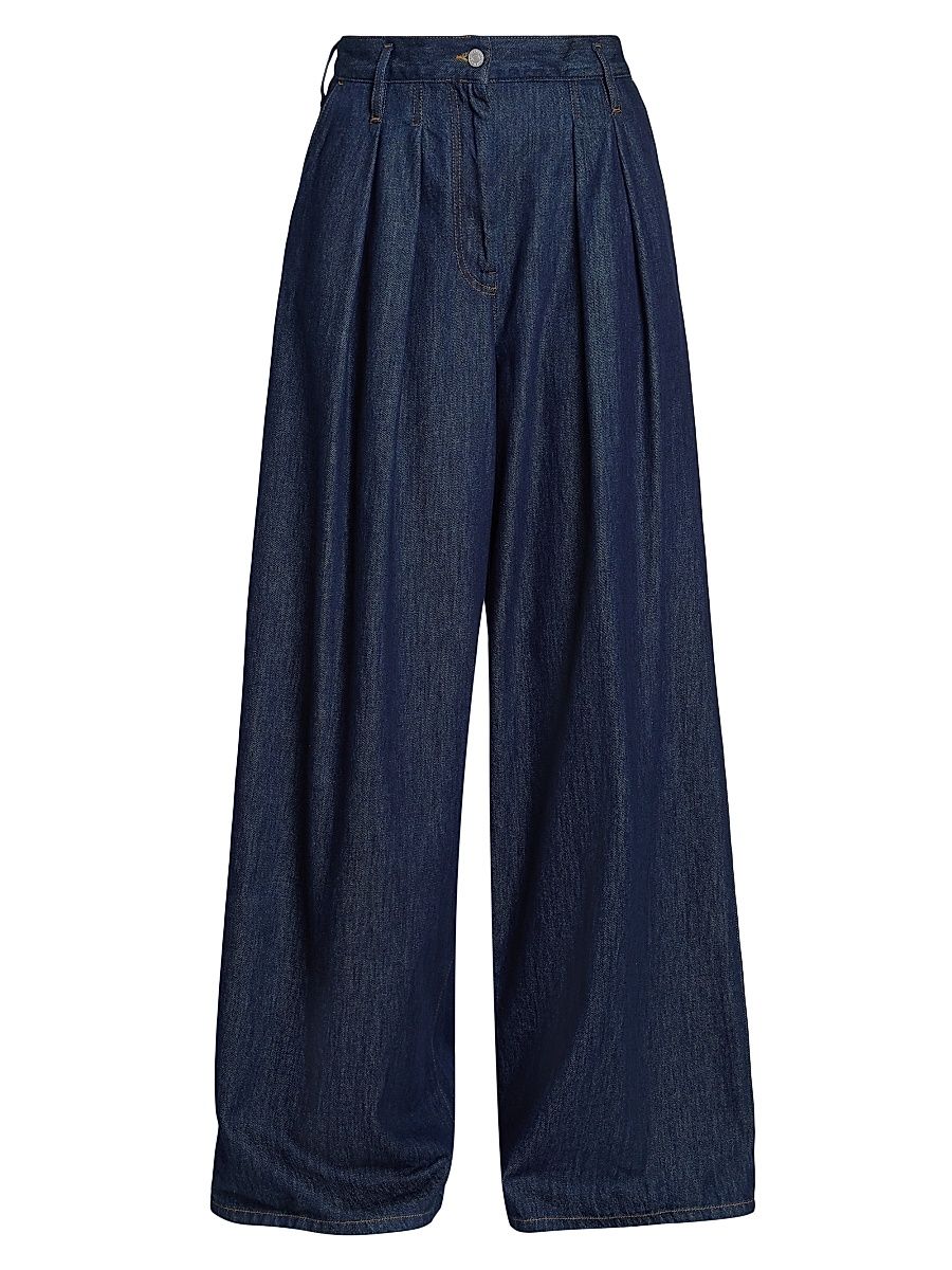 Women's Pamplona Pleated Denim High-Rise Wide-Leg Pants - Indigo - Size Small
