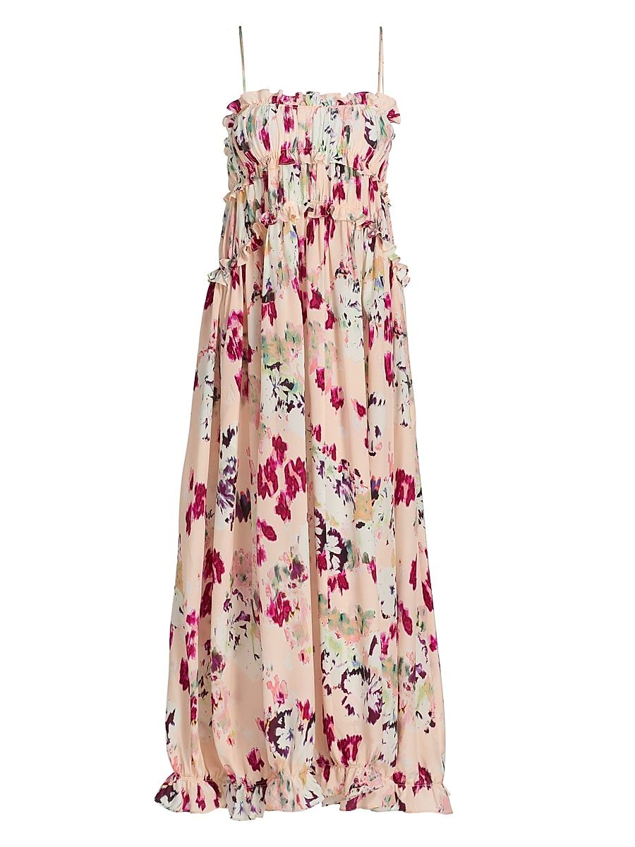 Women's Clove Ruffled Floral Silk Maxi Dress - Summer Garden - Size 16