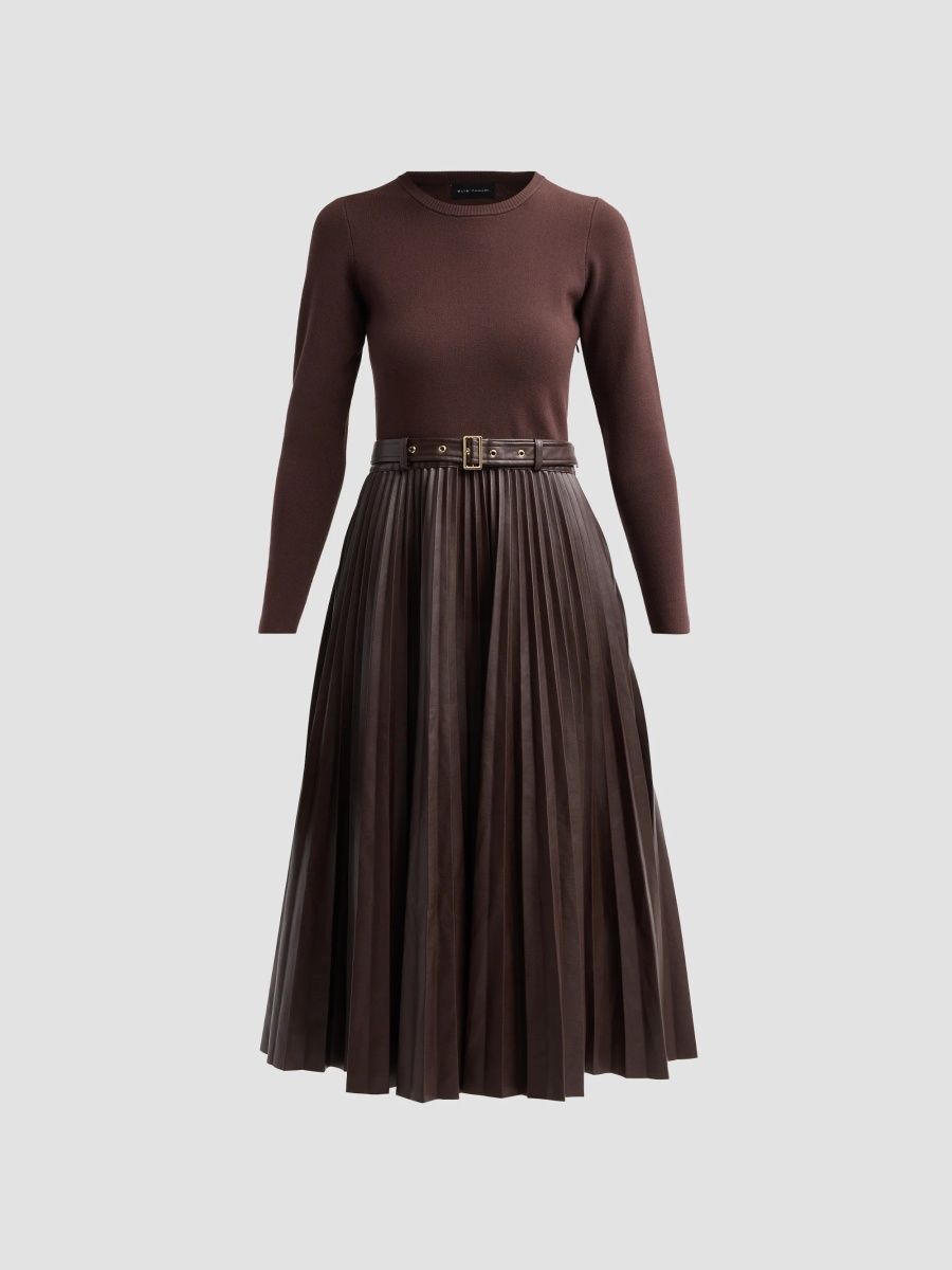 Elie Tahari Women's Allison Mixed-Media Long-Sleeve Dress - Rhapsody Brown - Size XL