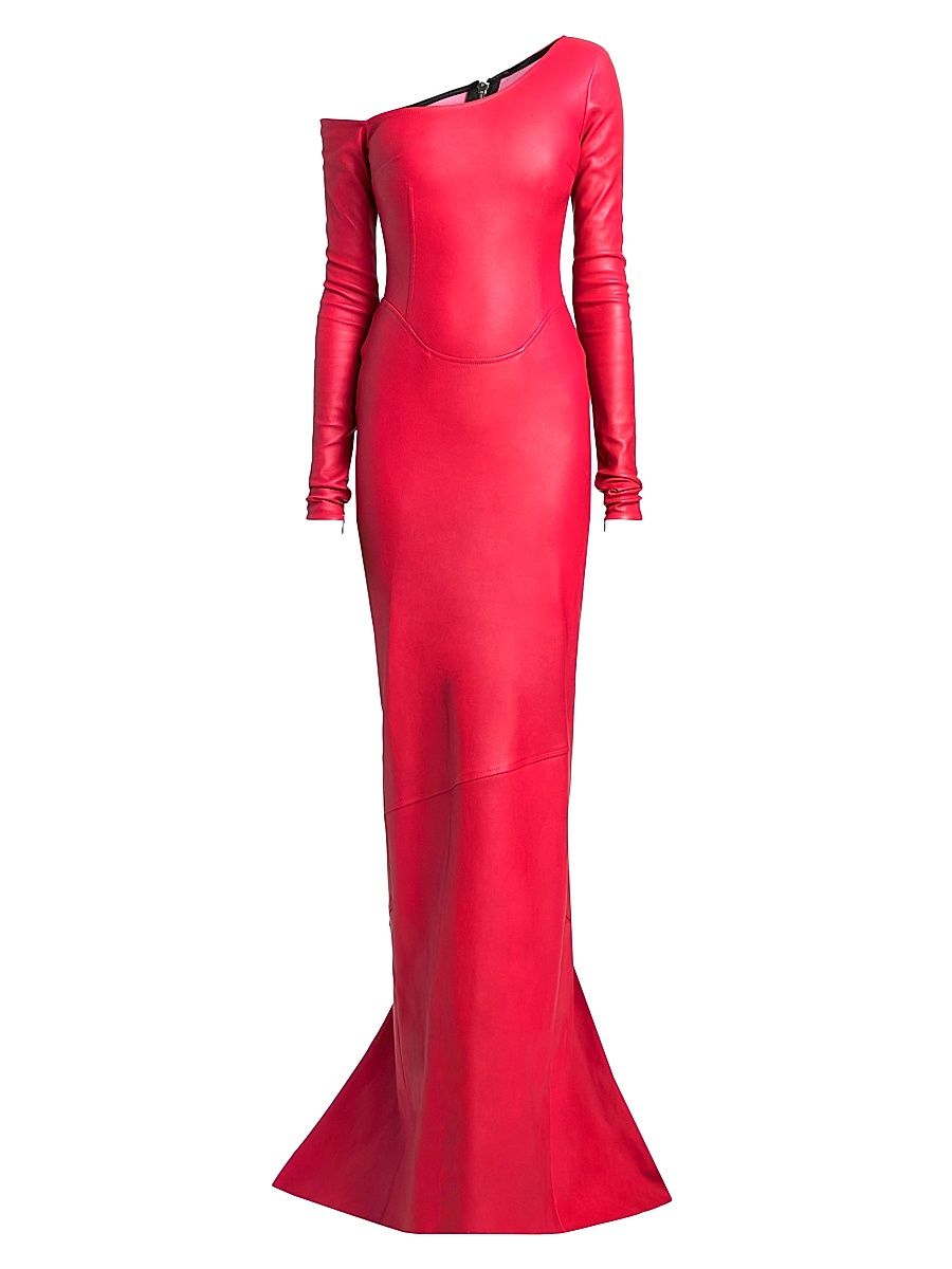 Women's Leather Off-The-Shoulder Gown - Red - Size XS